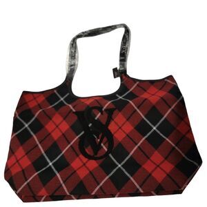 Victoria’s Secret Red & Black Plaid Tote Bag 2023  New Logo Holiday Travel NIP